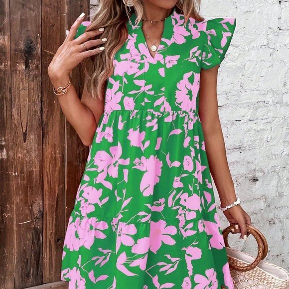 Green Boho Womens Floral Print Butterfly Sleeve Ruffle Hem Smock Dress - Picture 3 of 5